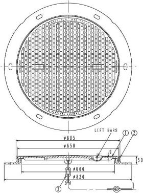 長谷川 一般型丸枠マンホール蓋 MHA-RCR（6トン用/20トン用・水封型・文字入り） 寸法図